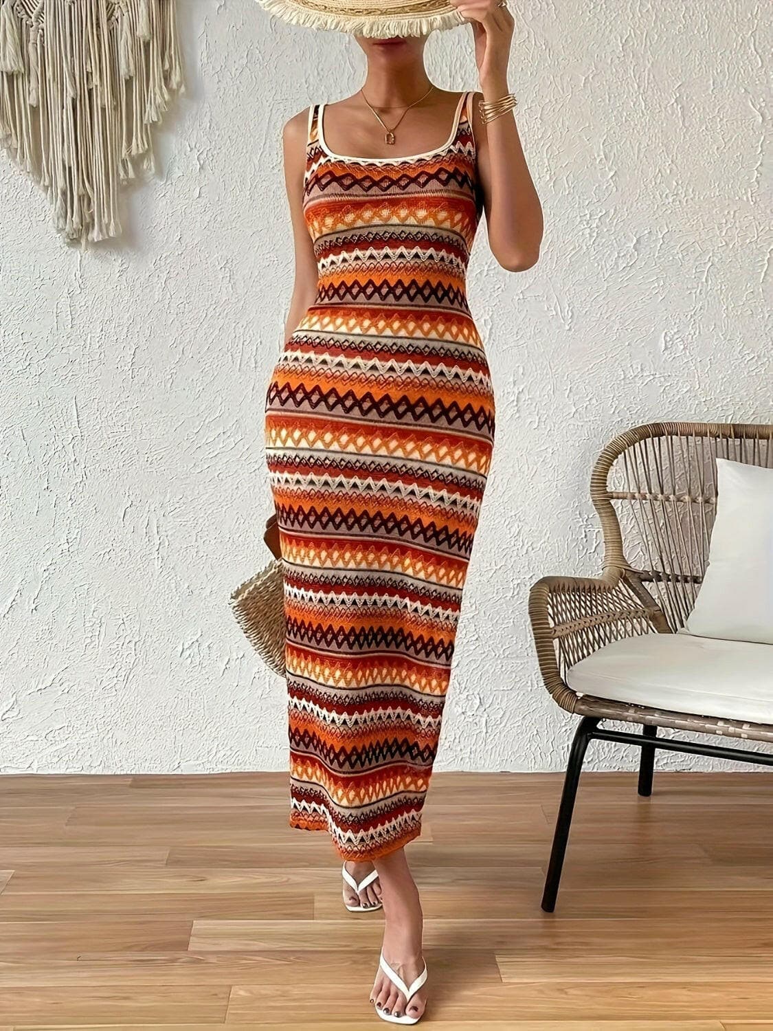 Full Size Slit Square Neck Wide Strap Midi Dress.