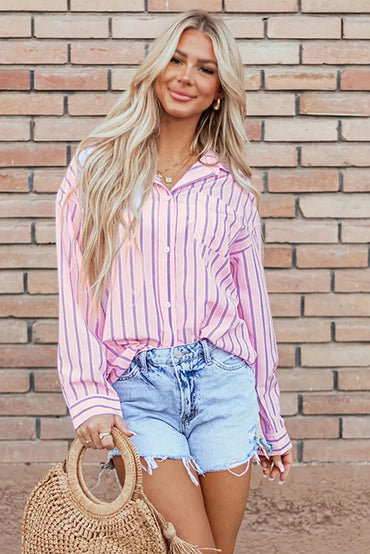 Collared Striped Long Sleeve Button-Up Shirt with Pockets