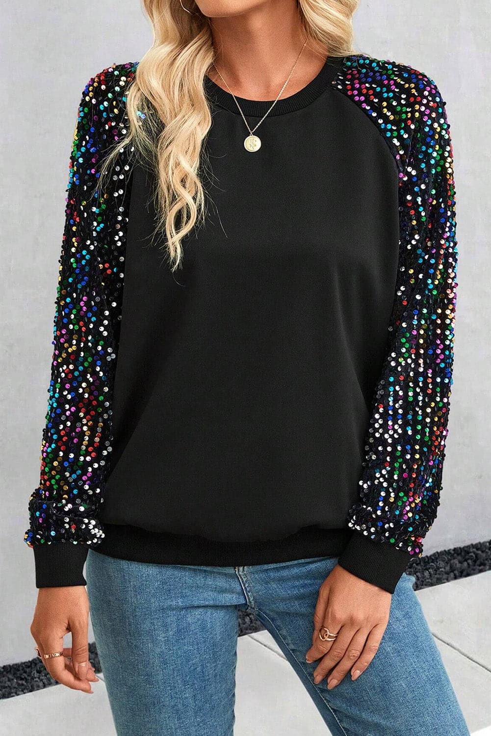 Sequin Round Neck Long Sleeve Blouse.