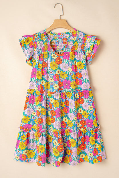 Sky Blue Floral Print Smocked Notch V Neck Flutter Sleeve Dress