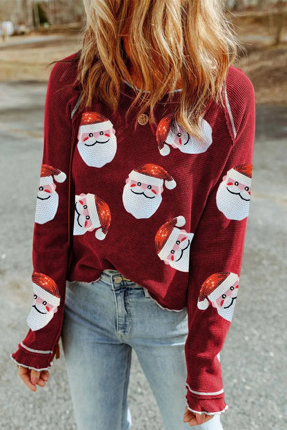 Glittering Sequin Santa Long Sleeve Blouse with Round Neck