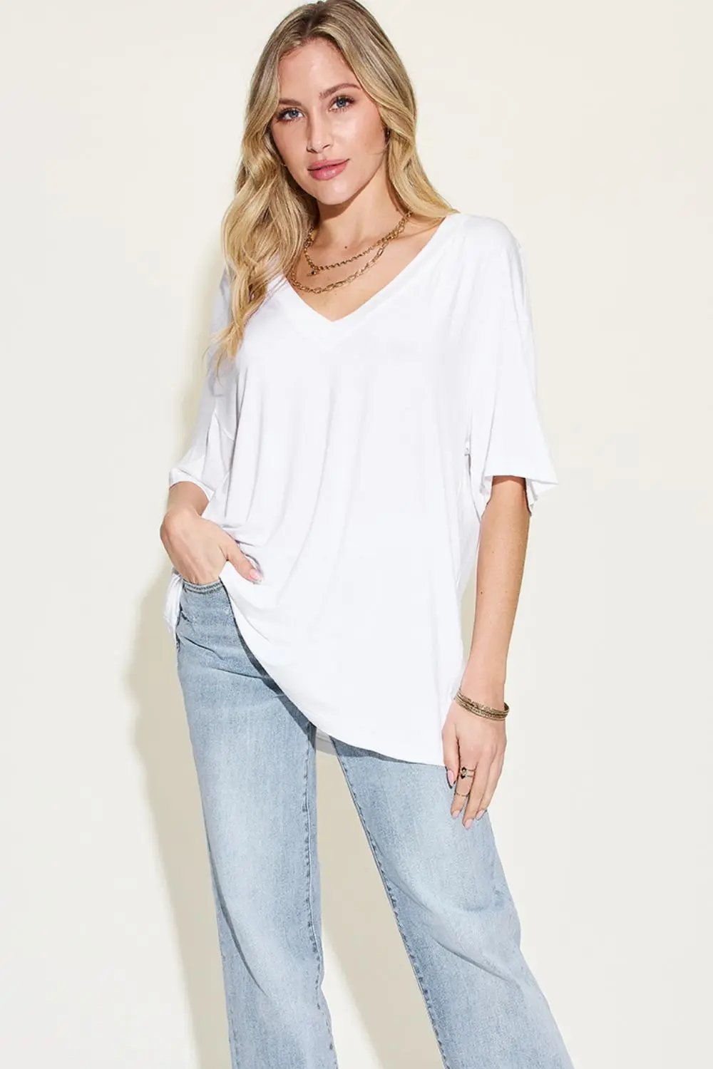 Basic Bae Full Size Bamboo V-Neck Drop Shoulder T-Shirt - Love Salve