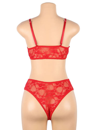 Love Salve Stretch Sheer Lace Bra and Thong Panty Set with Matching Fingerless Sleeves Red