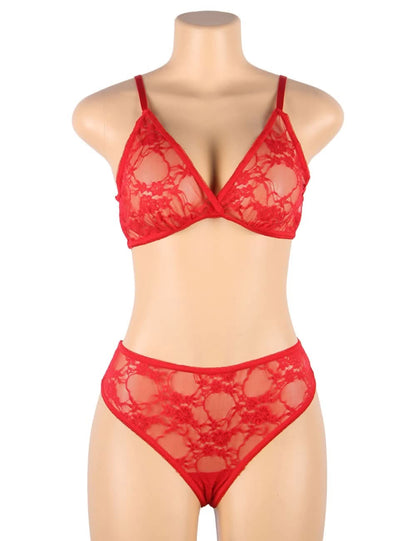 Love Salve Stretch Sheer Lace Bra and Thong Panty Set with Matching Fingerless Sleeves Red