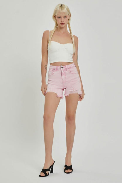 Distressed allure high-rise denim shorts