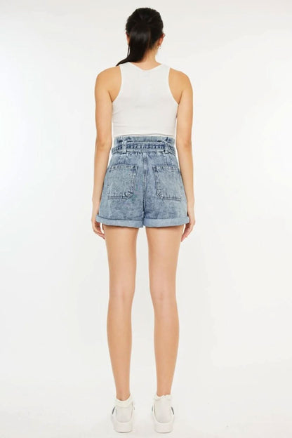 Chic paperbag denim shorts with ultra high rise design