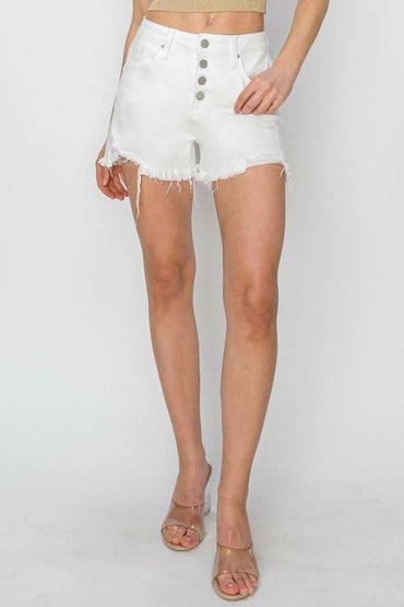 Frayed hem button fly denim shorts for a trendy summer look