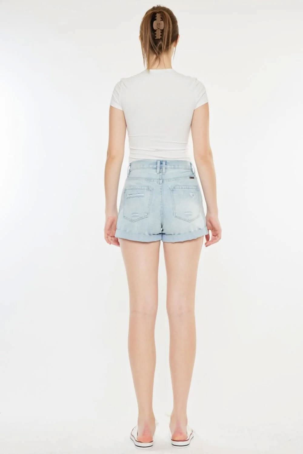 Vintage-inspired high rise repaired mom denim shorts