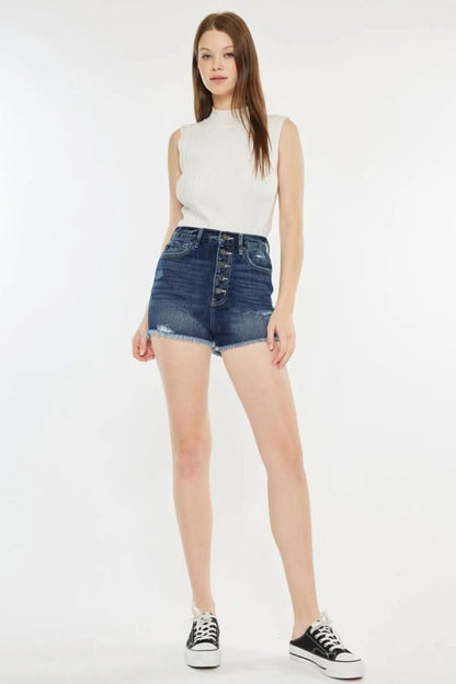 Chic raw hem button fly denim shorts for summer style