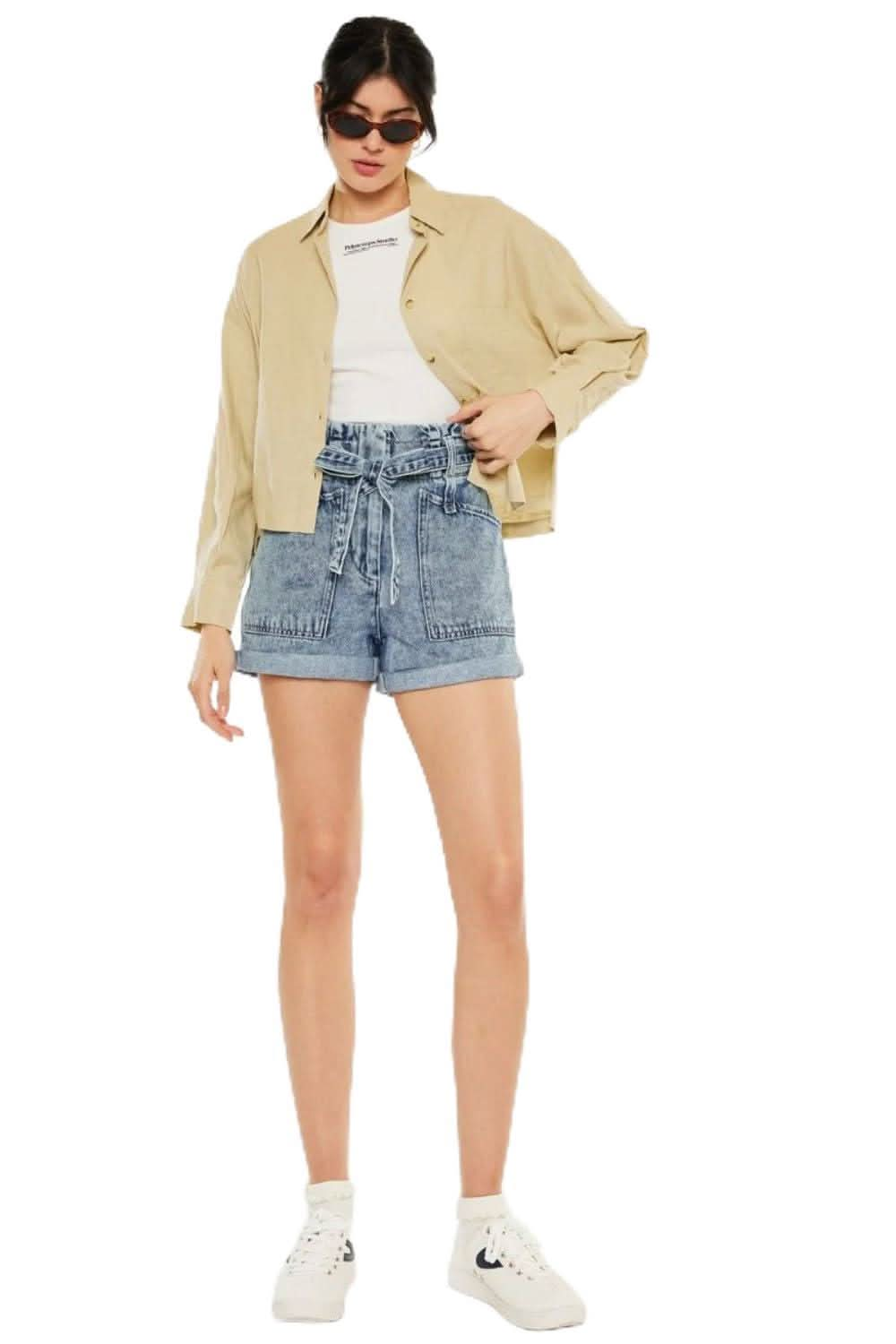 Chic paperbag denim shorts with ultra high rise design