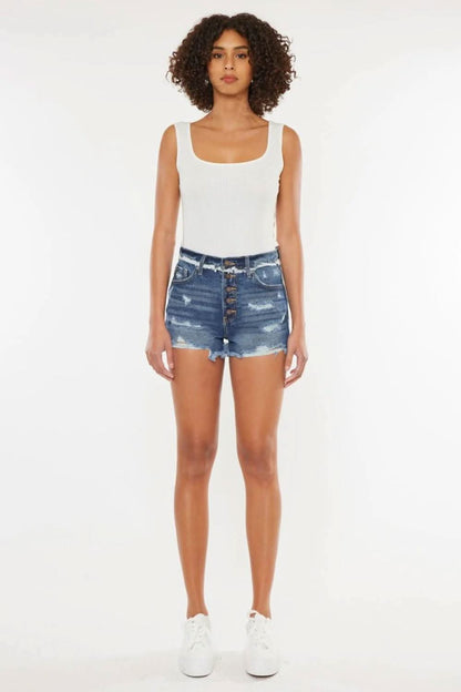 Edgy chic distressed button-fly denim shorts