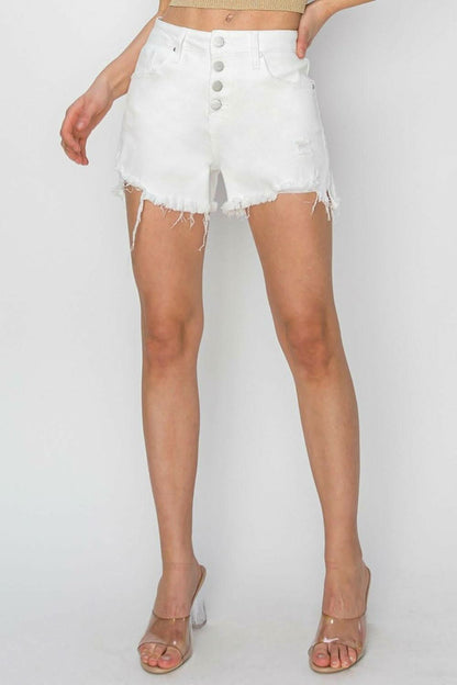 Frayed hem button fly denim shorts for a trendy summer look