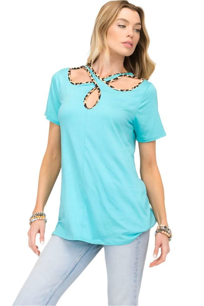 Love Salve Celeste Full Size Crisscross Cutout Leopard Contrast Trim T-Shirt Mint / 1XL