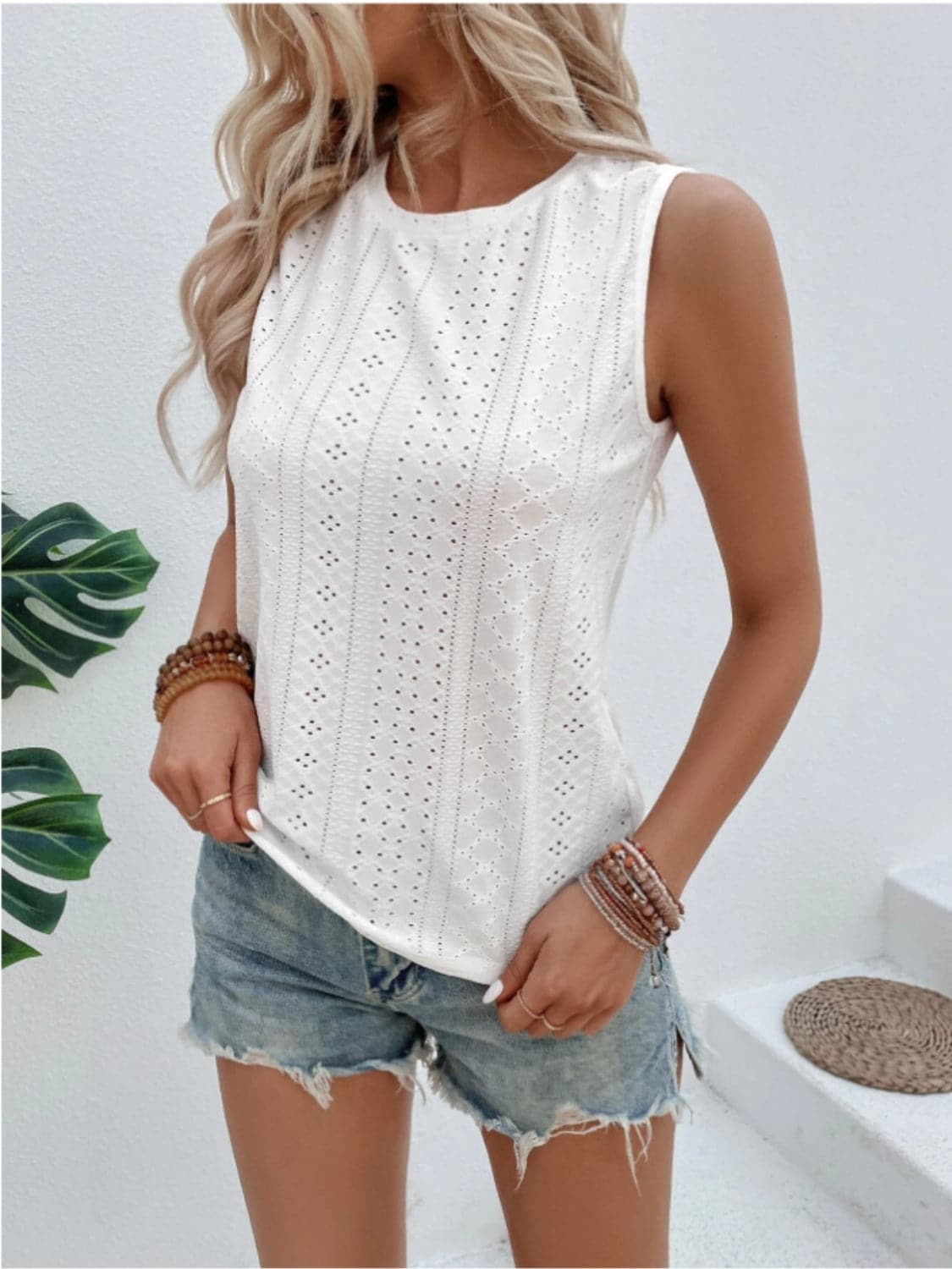 Eyelet Round Neck Tank.