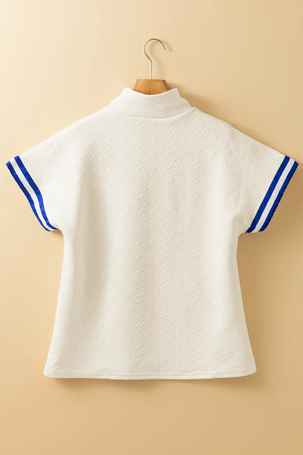 Striped Trim Textured Quarter Zipper Short Sleeve Top
