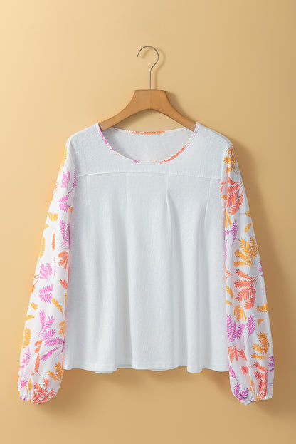 Tropical leaf patchwork sleeve round neck top in white