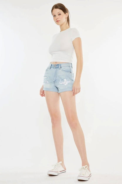 Vintage-inspired high rise repaired mom denim shorts