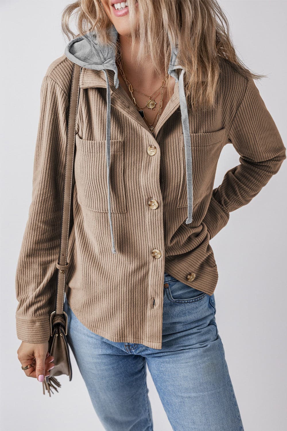 Drawstring Button Up Long Sleeve Hooded Jacket.