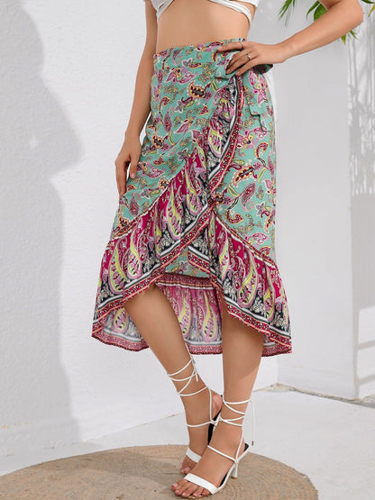 Tie Waistband Flounce Hem Midi Skirt.