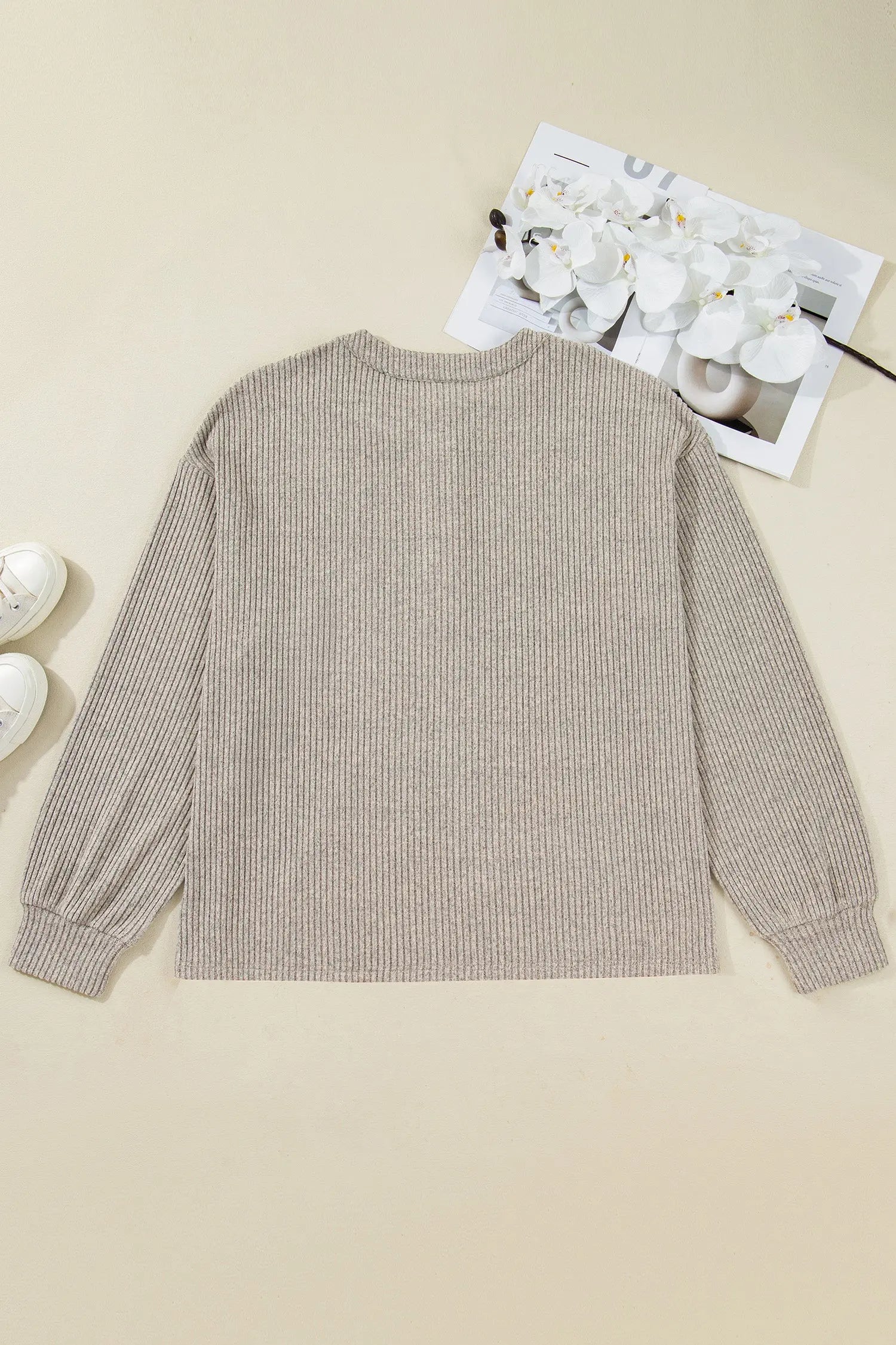 Simply Taupe Plus Size Ribbed Knit Kangaroo Pocket Henley Long Sleeve Top Dear-Lover Dropshipping