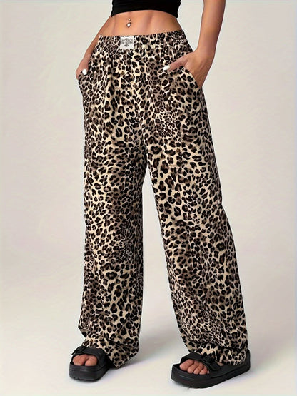 Leopard Print Wide Leg Trousers with Functional Pockets