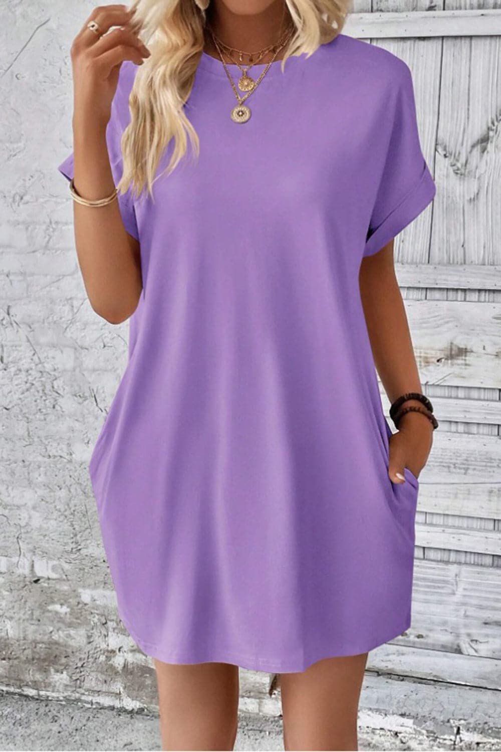 Casual pocketed round neck tee dress