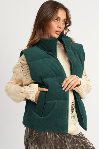 Jungle Green Corduroy Zipped Puffer Vest with Stand Neck Design