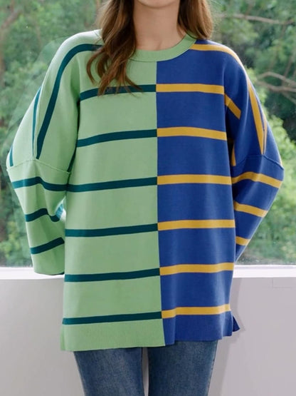 Striped Round Neck Long Sleeve Sweater.