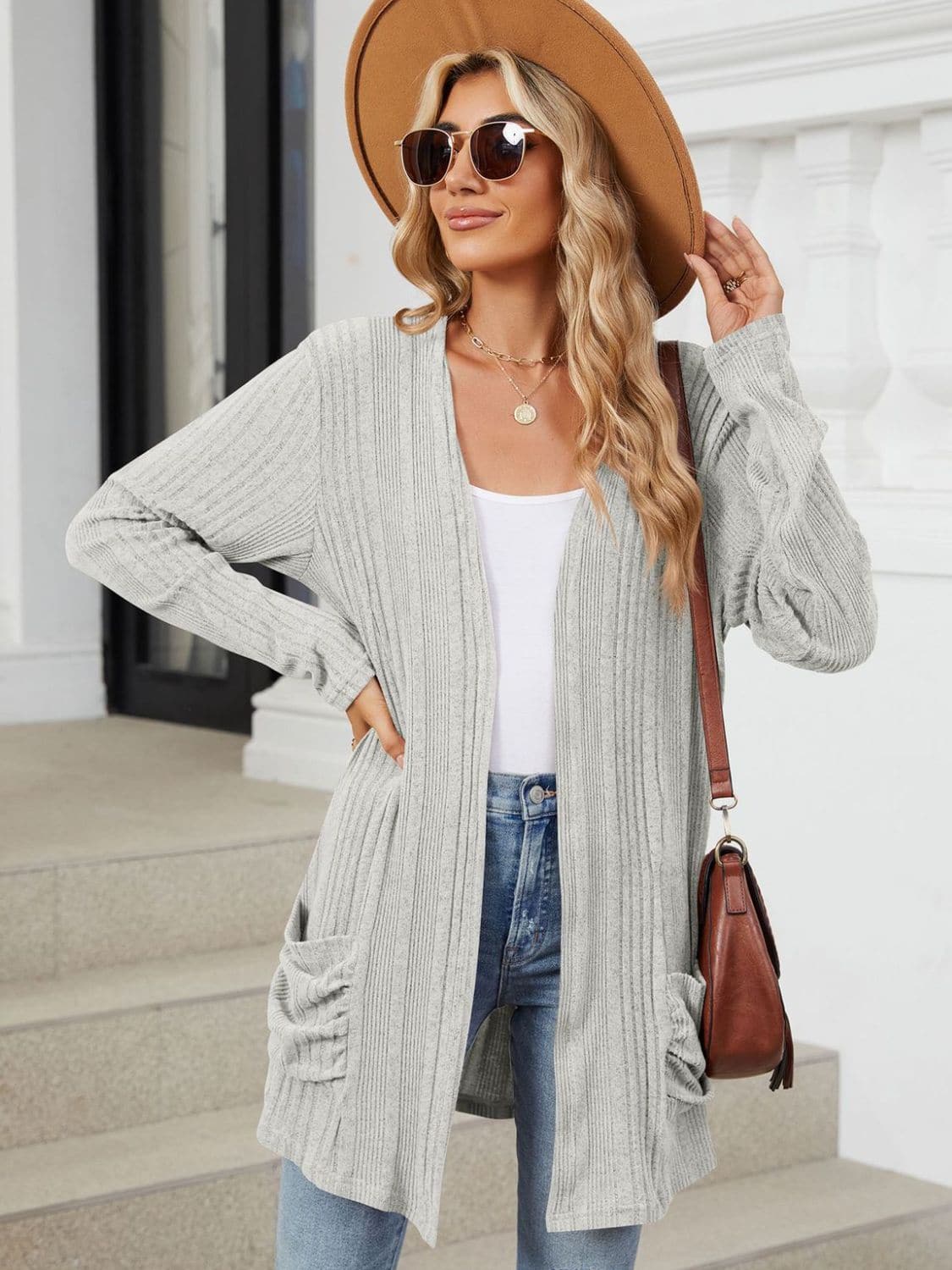 Pocketed Open Front Long Sleeve Cardigan.