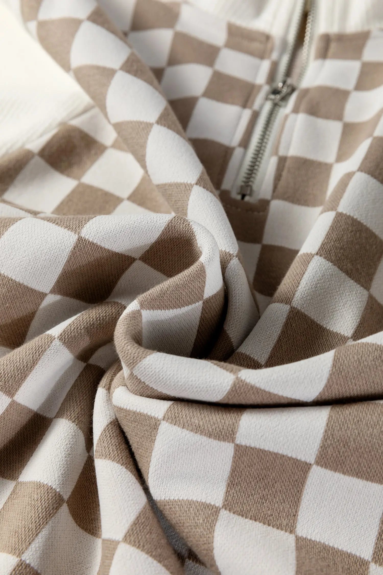 Khaki Checkered Print Quarter Zip Ribbed Patchwork Loose Sweatshirt Dear-Lover Dropshipping