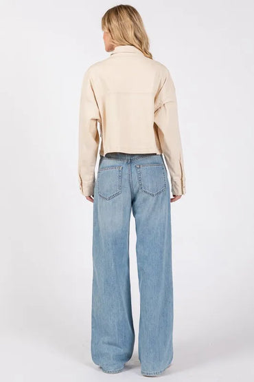 Bytos Button Down Cropped Denim Jacket With Patch Pockets In Cream - Love Salve 