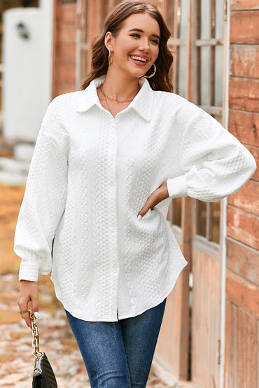 White Cable Texture Puff Sleeve Loose Shacket Casual Wear