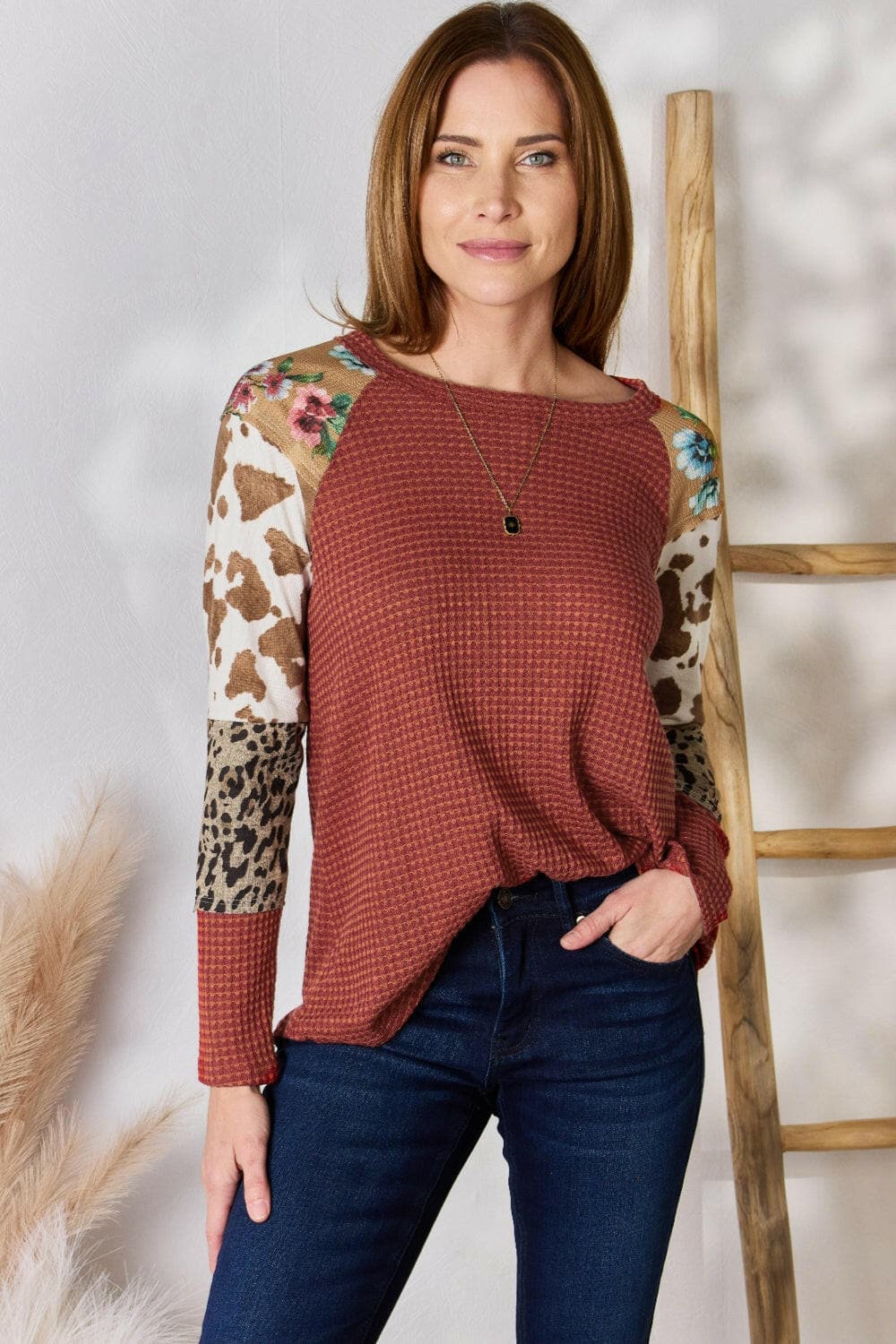 Hailey & Co Full Size Leopard Waffle-Knit Blouse.