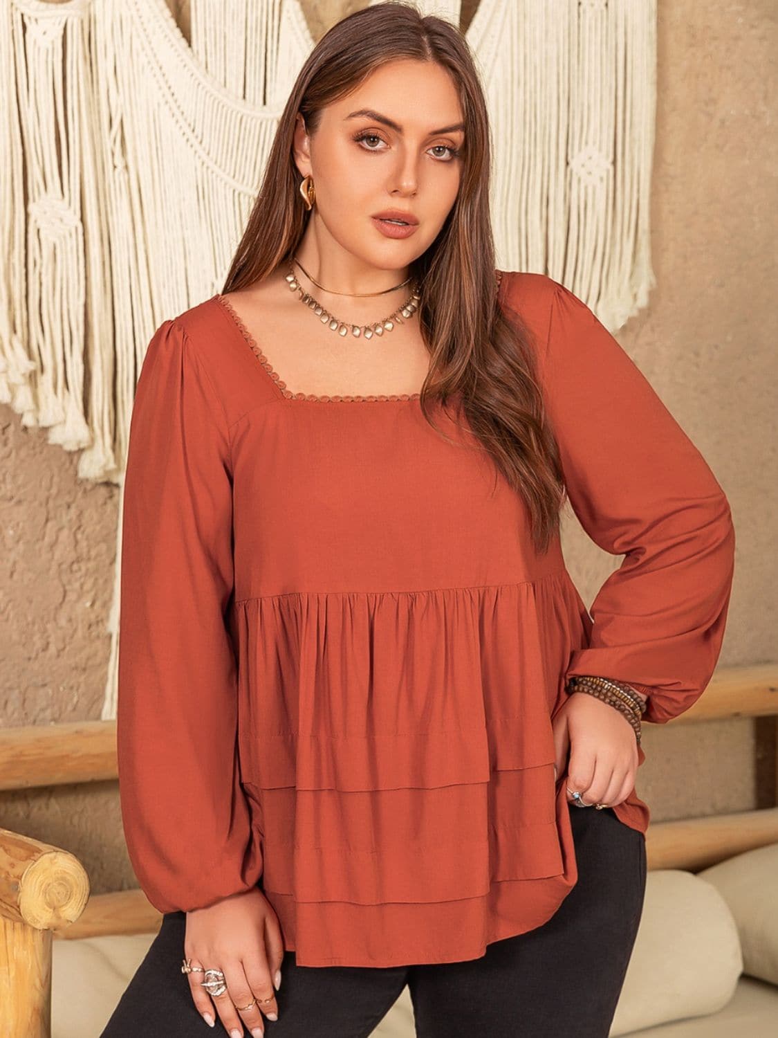 Plus Size Lace Detail Square Neck Long Sleeve Blouse.