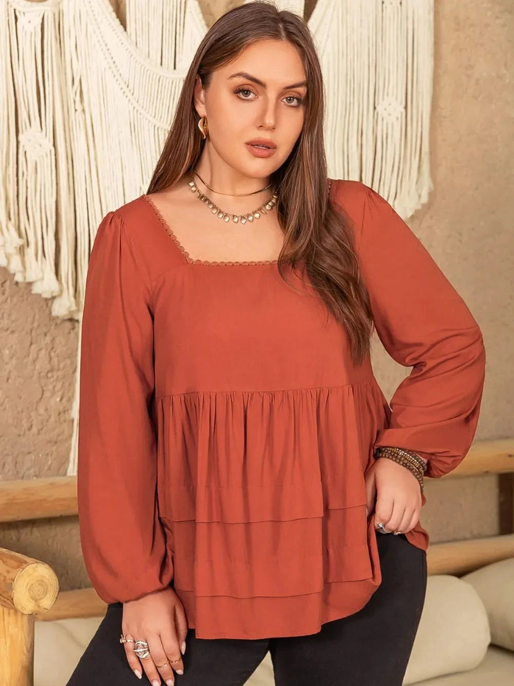 Plus Size Lace Detail Square Neck Long Sleeve Blouse Coco’s Tee Boutique
