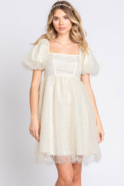 Enchanting Pearl Mesh Puff Sleeve Babydoll Dress by GeeGee.