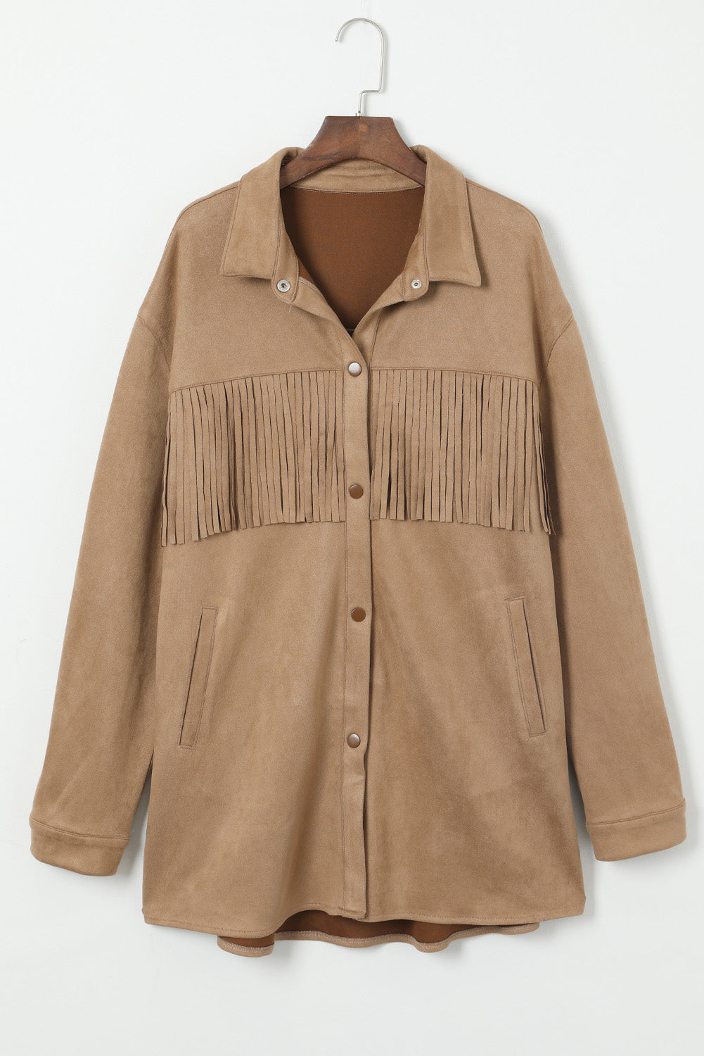 Chic khaki fringe plus size suede shacket for a stylish wardrobe update