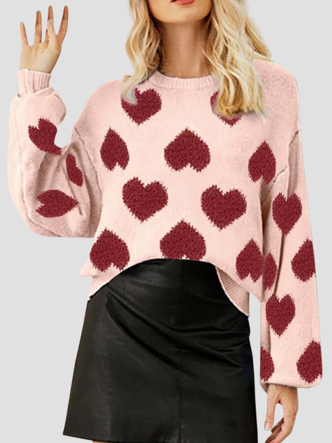 Heart Round Neck Dropped Shoulder Sweater.