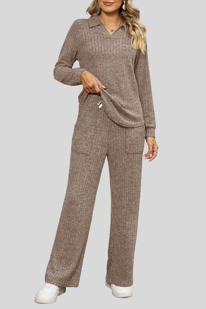 Ribbed Long Sleeve Top and Pocketed Pants Set.