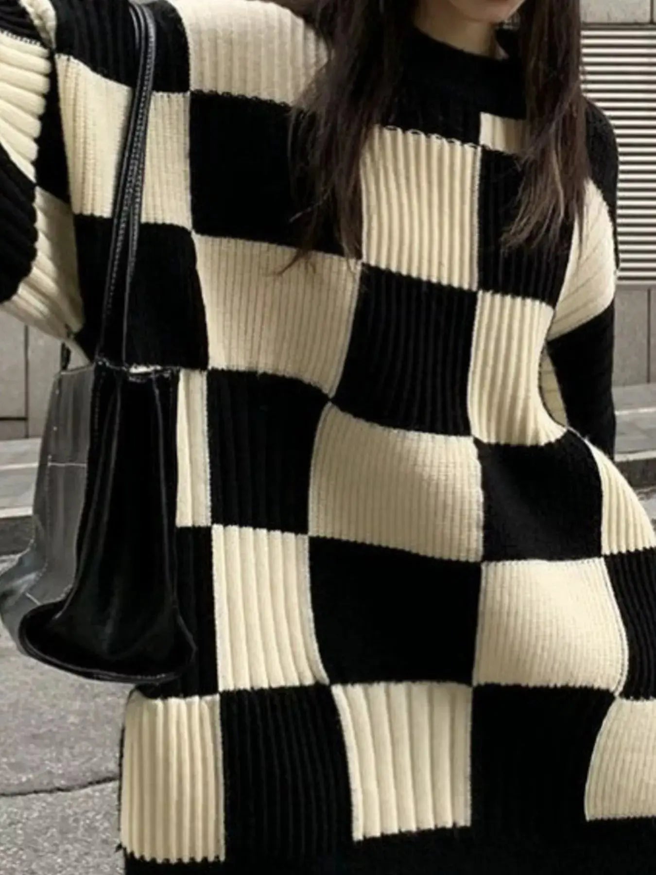 Checkerboard Pattern Oversized Sweater Simply Love