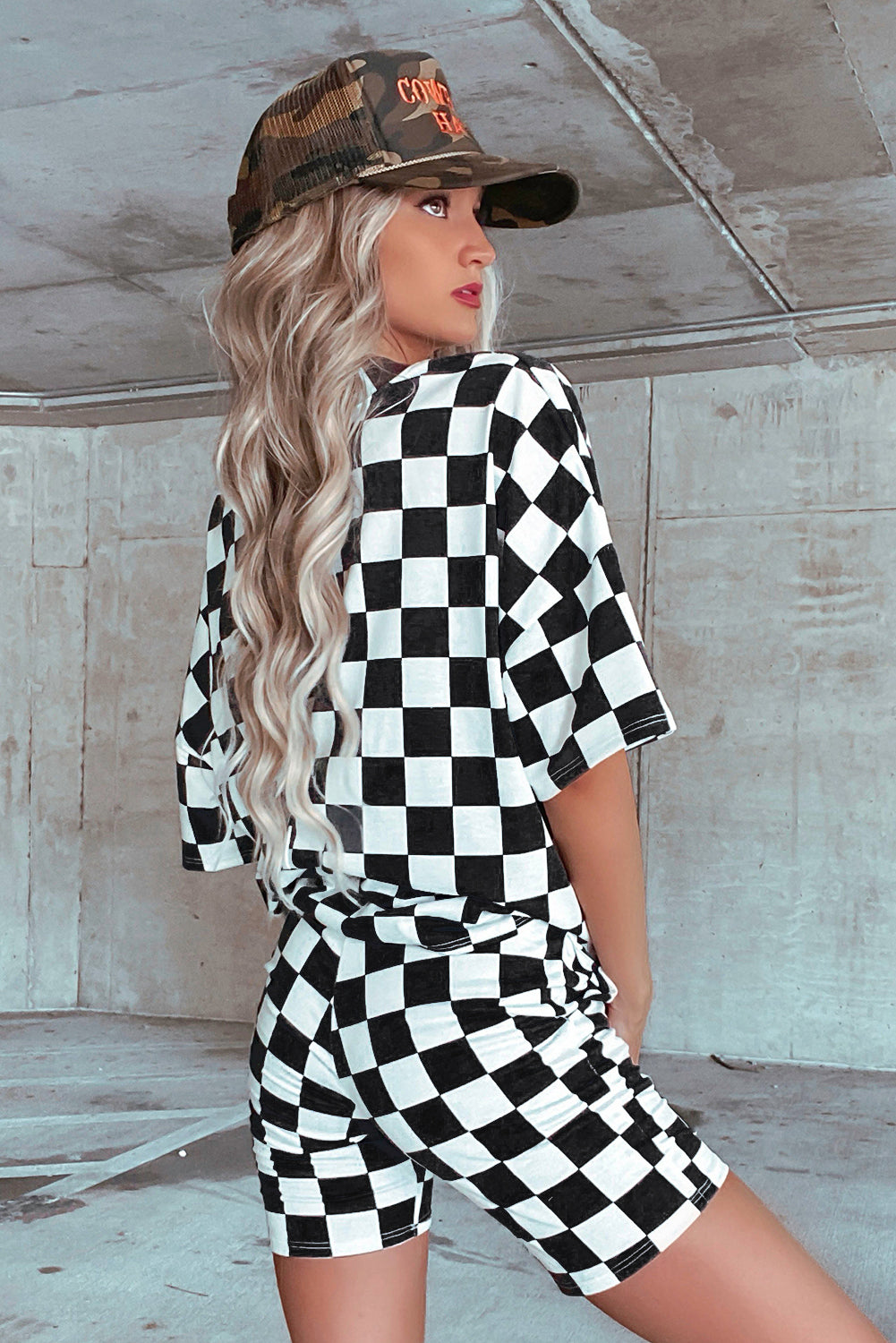 Black Checkerboard Print V Neck Loose Tee and Shorts Set