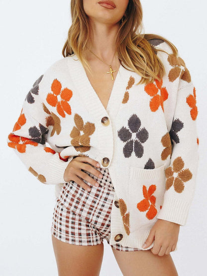 Floral V-Neck Button Up Long Sleeve Cardigan.