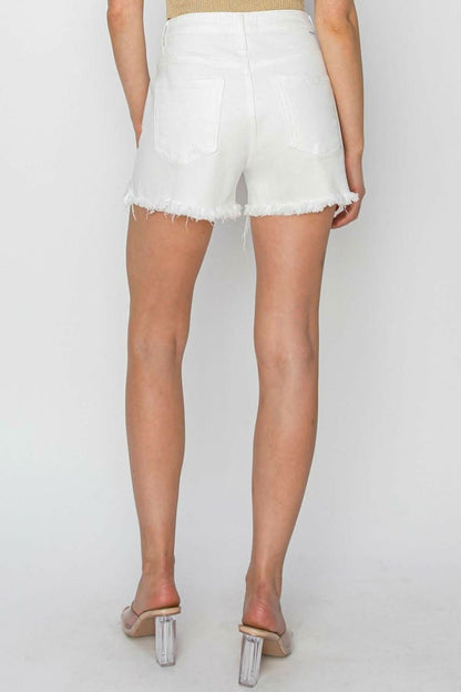 Frayed hem button fly denim shorts for a trendy summer look