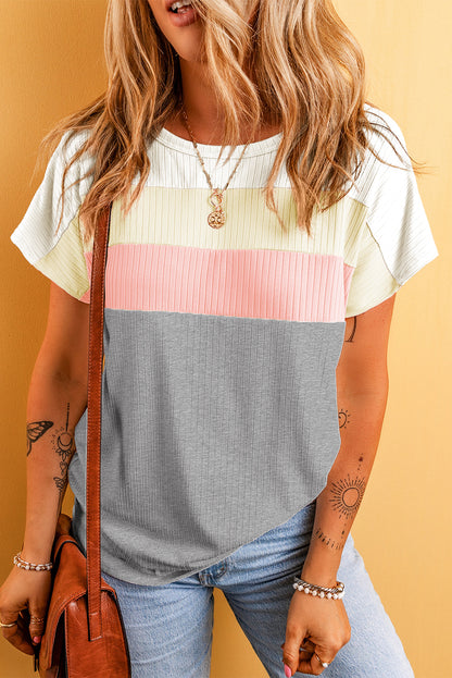 Chic gray ribbed color block tee with stylish patchwork design