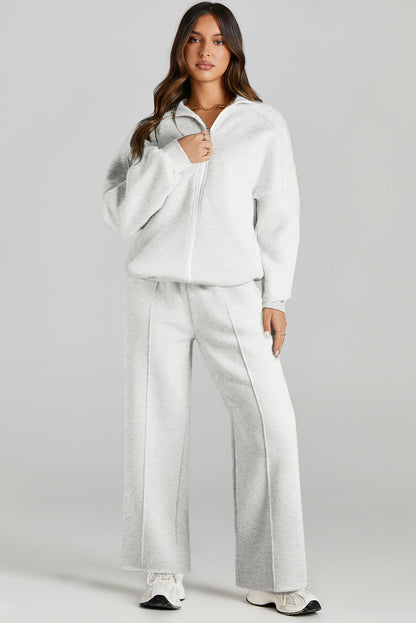 Light Grey Drop Shoulder Zip Jacket Drawstring Pants Set