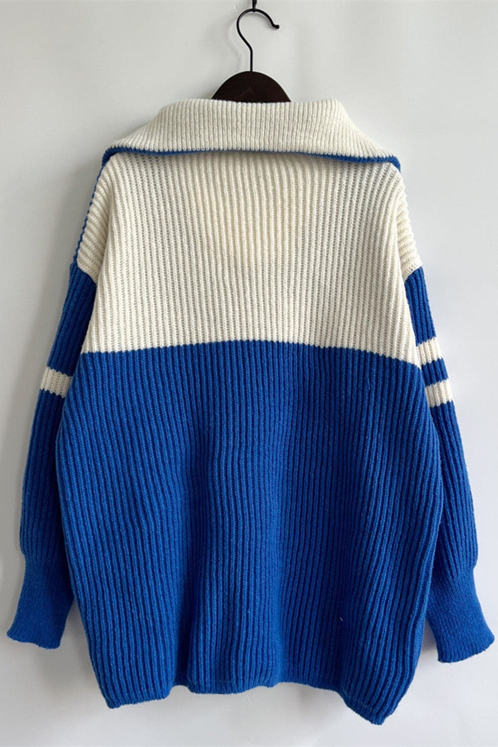 Quarter Zip Striped Dropped Shoulder Sweater.