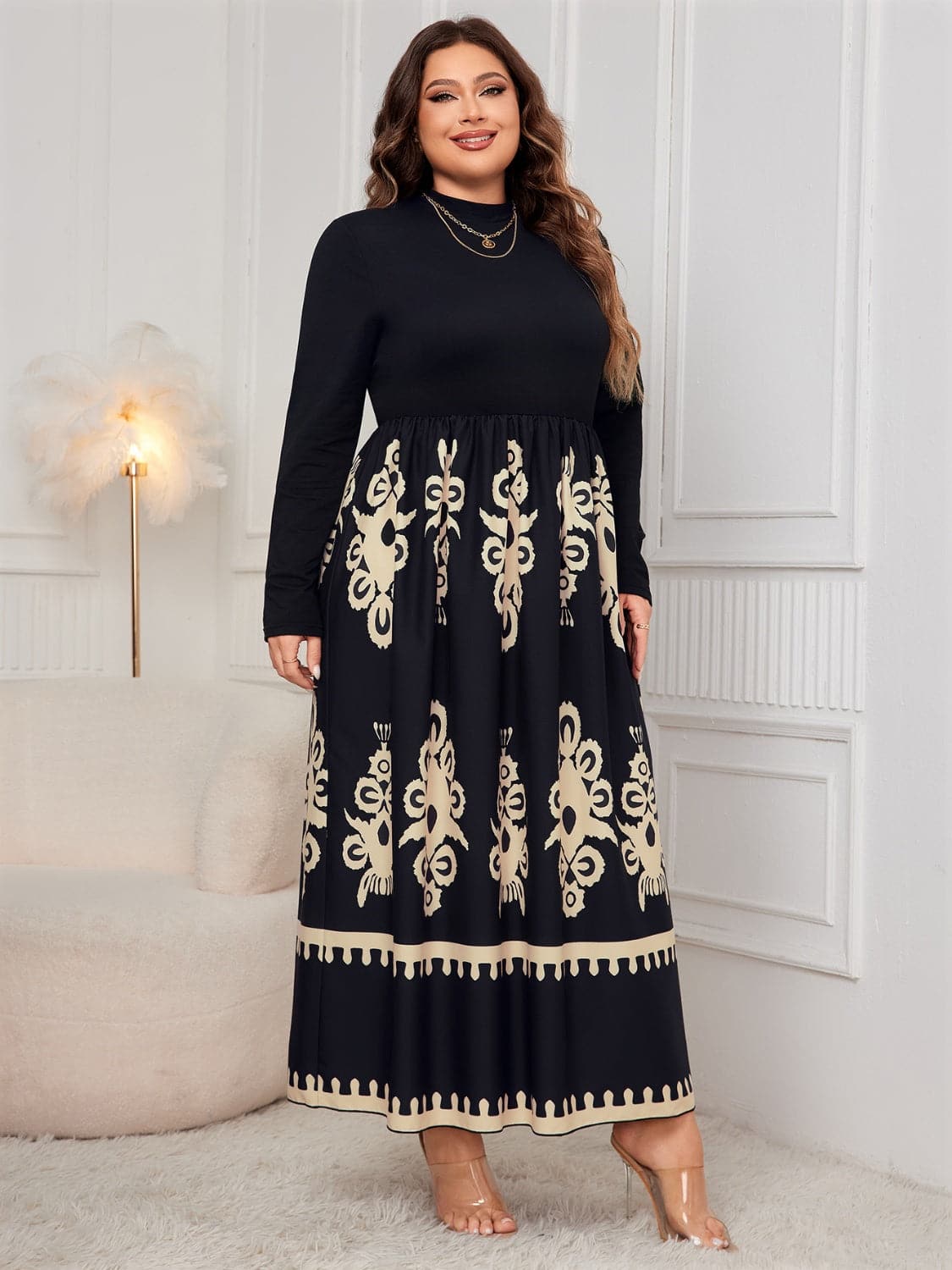 Plus Size Printed Mock Neck Long Sleeve Dress.