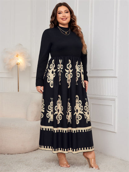 Plus Size Printed Mock Neck Long Sleeve Dress.