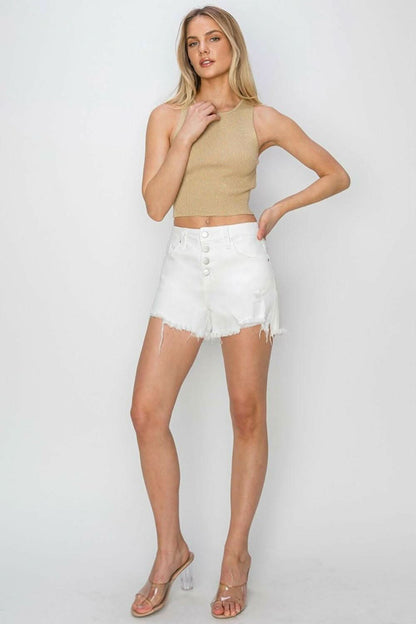 Frayed hem button fly denim shorts for a trendy summer look