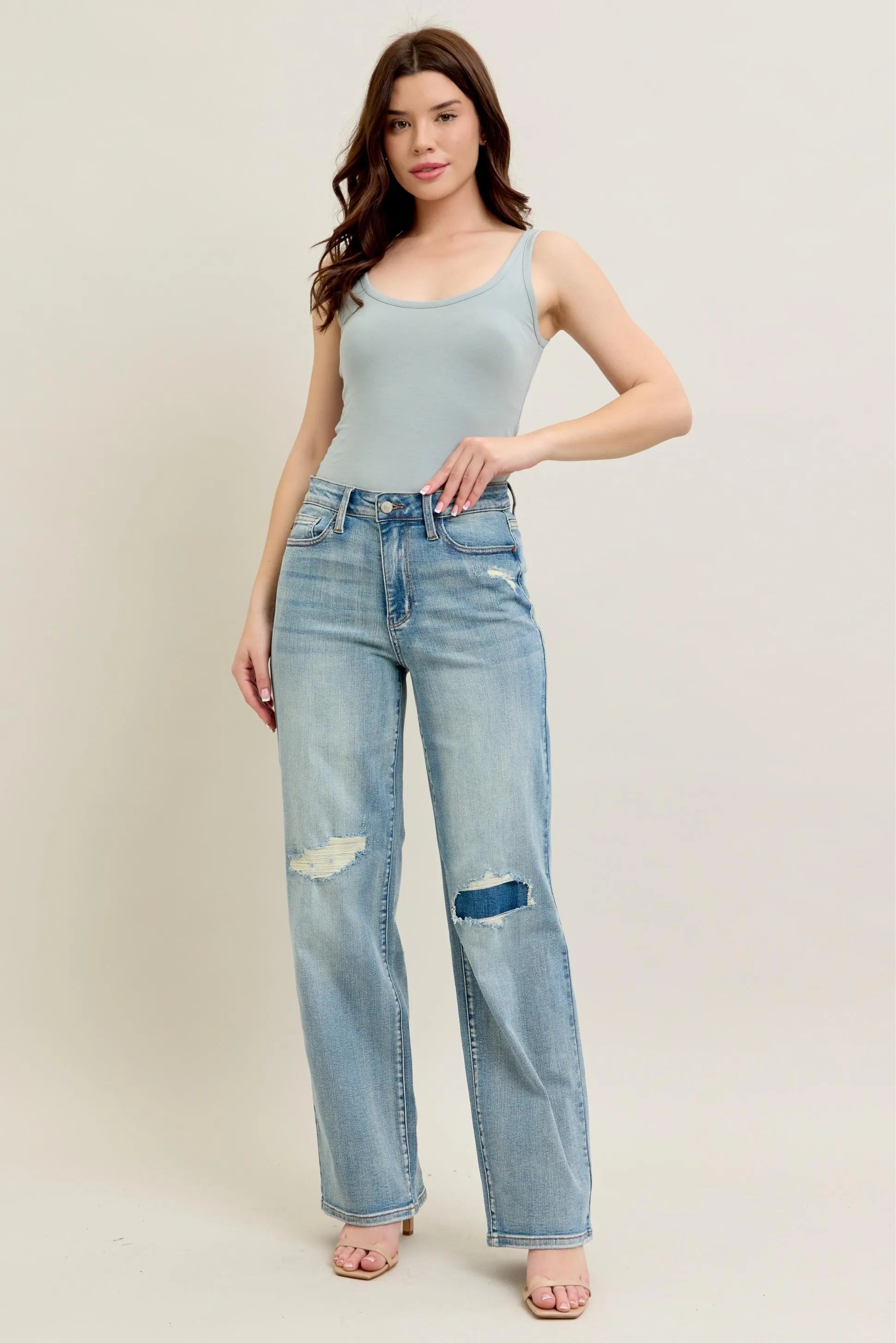 Judy Blue Plus Size High Rise Destroyed Knee Patch Straight Jeans - Love Salve 